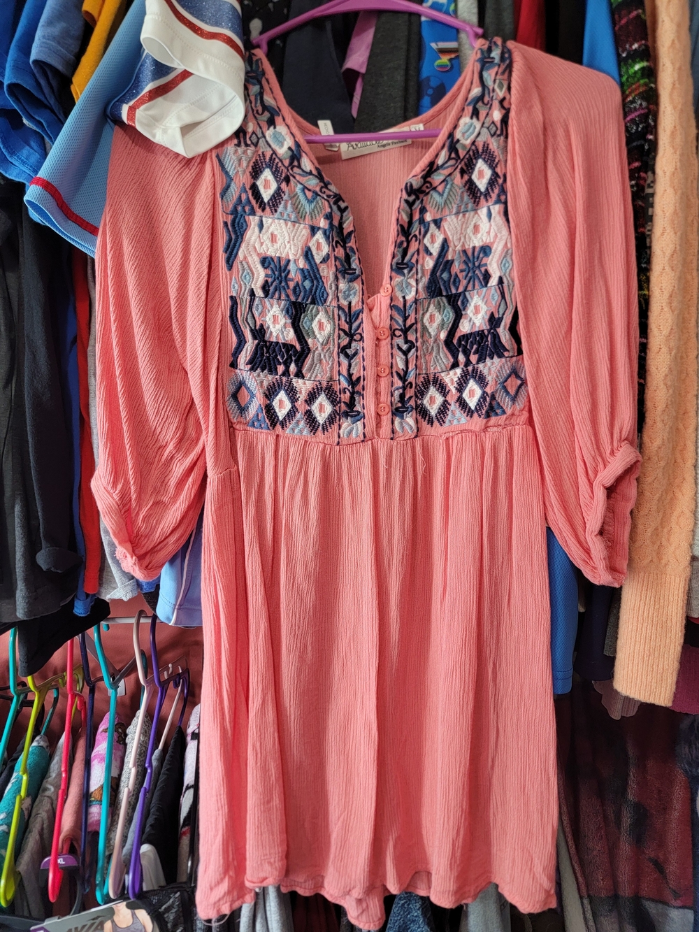 Embroidered Coral Peasant Tunic Top